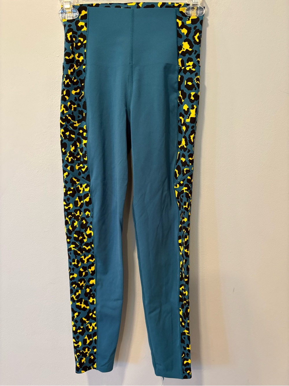 Sweaty Betty Teal Leggings with Yellow & Black Leopard Side Panels